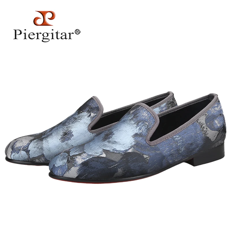 

Piergitar 2023 New Abstract Printed Cotton Men's Loafers For Party Handmade Slip-On Moccasins Red Outsoles Smoking Slippers