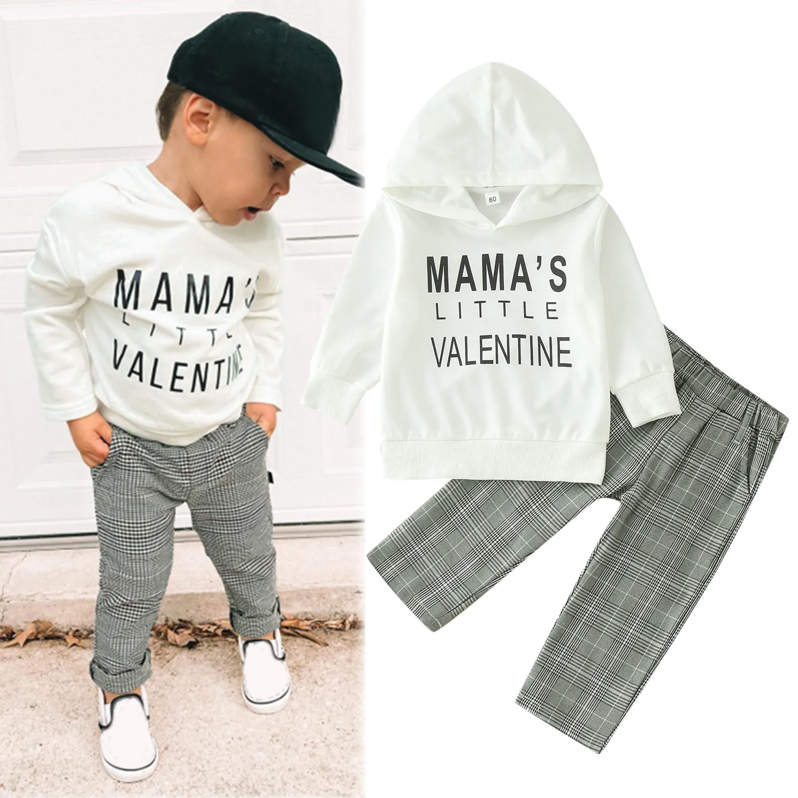 

2pcs Toddler Baby Boys Clothes Sets Valentine's Day Outfit 0-4Y Long Sleeve Letter Print Hoodies Plaid Pants Fall Spring Outfits