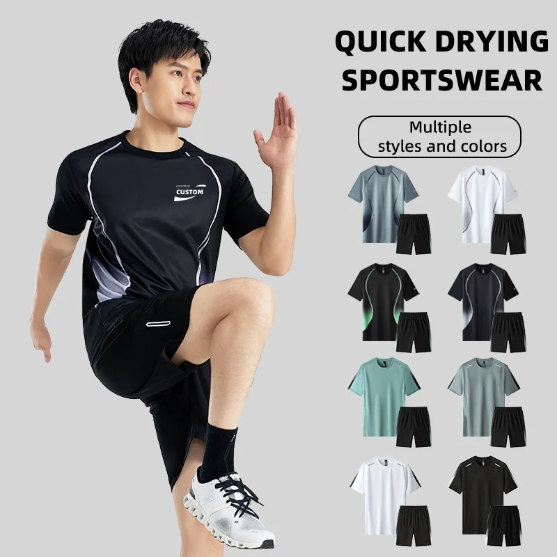 

Одежда для фитнеса, Спортивная футболка с короткими рукавами и шорты, Мужская быстросохнущая спортивная одежда из вискозы, костюм для бега, спортивный костюм, комплект для тренировок в тренажерном зале