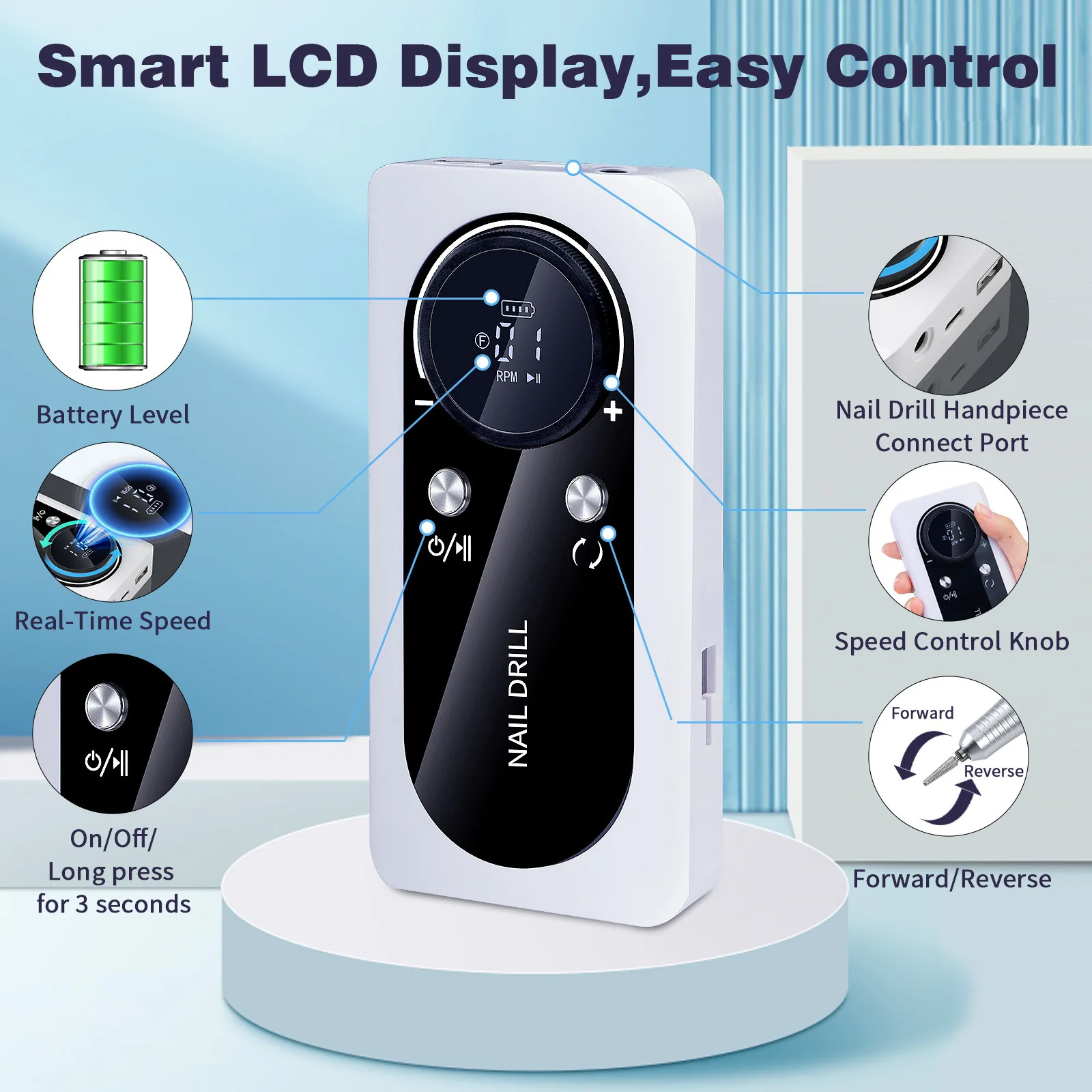 45000RPM Rechargeable Nail Drill Machine With LCD Display Low Noise Professional Nail Polish Sander for Manicure Nail Equipment 2
