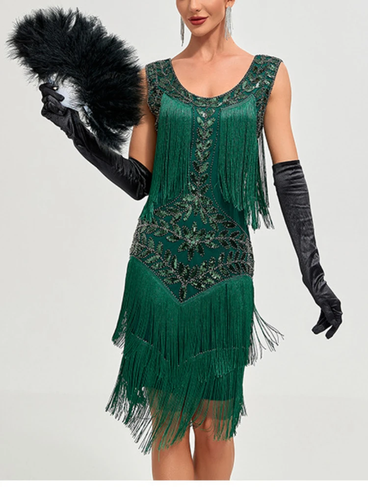 

Fashionable Sequin Tassel Dresses Retro Round Neck High Waist Slim Fit Party Evening Dress Sexy Sleeveless Toast Dress for Women