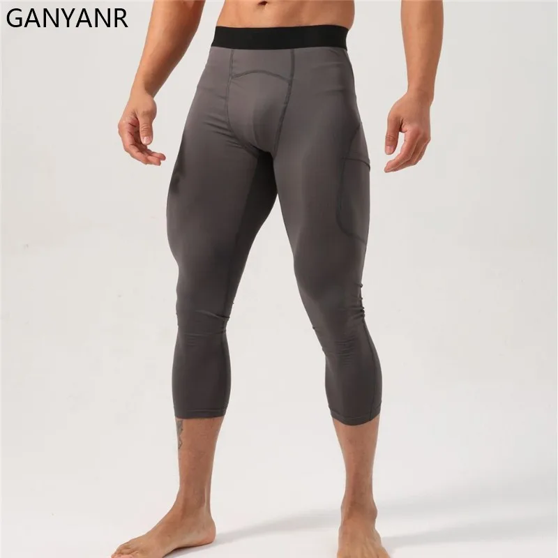 GANYANR Running Tights Men With Pockets Compression Leggings Gym Fitness Football basketball Soccer Sportswear Pants trousers