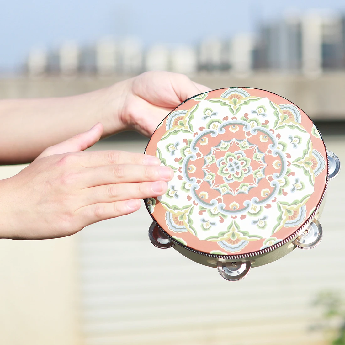 8 Inch Tambourine Bell Drum Dunhuang Style Stainless Steel Bells Drums Percussion Musical Instruments Orff Children's Gift