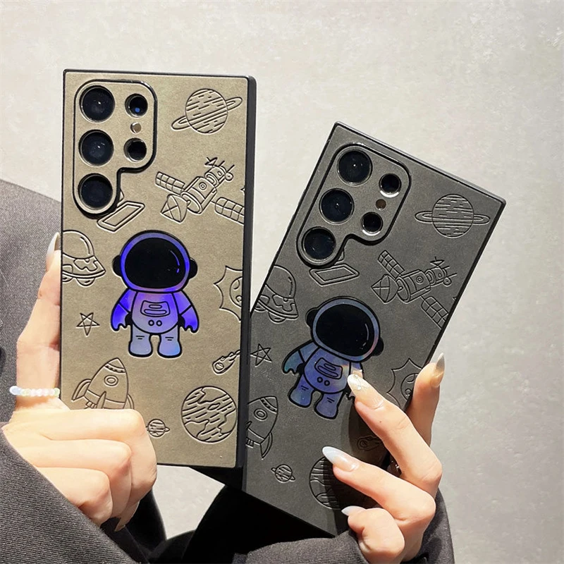 Custodia In Pelle Di Agnello Laser Astronauta Vintage Di Lusso Per Samsung S22 23 Ultra S 22Ultra S 23 Cover Posteriore Completa Antiurto Ultra