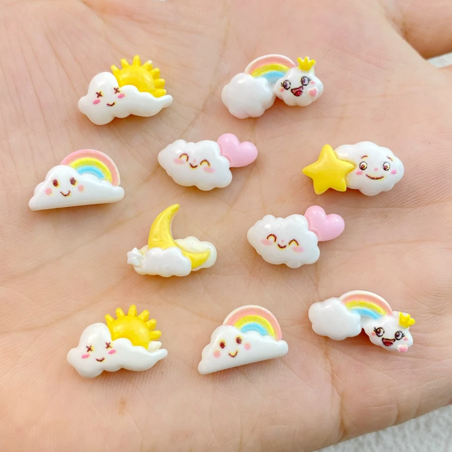 30Pcs New Cute Resin Mini Rainbow, Moon, Stars And Clouds Flat Back Manicure Parts Abbellimenti Per Fiocchi Per Capelli