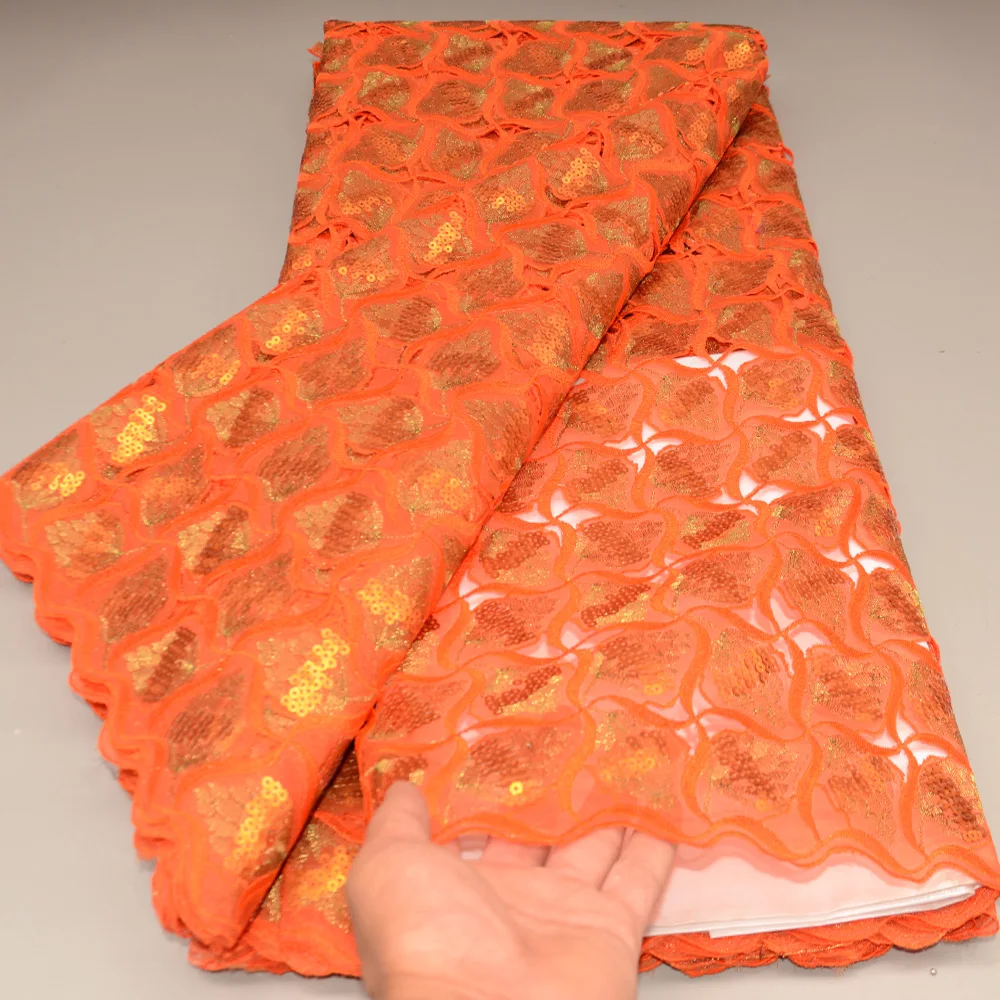 

(5yards/pc) High quality orange African hand cut organza lace sequins embroidered Nigerian party lace fabric for dress OP153