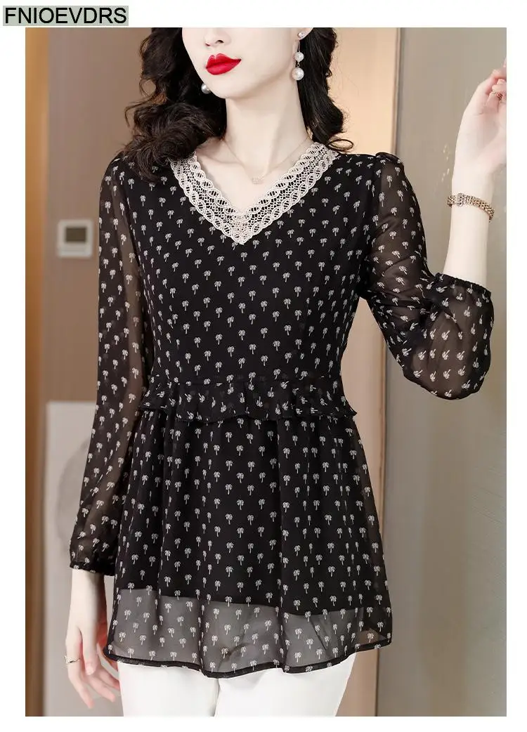 M-5XL 2023 Women European Style Office Lady Long Shirt Patchwork Lace Floral Print Ruffle Belly Black Tunic Peplum Top Blouse