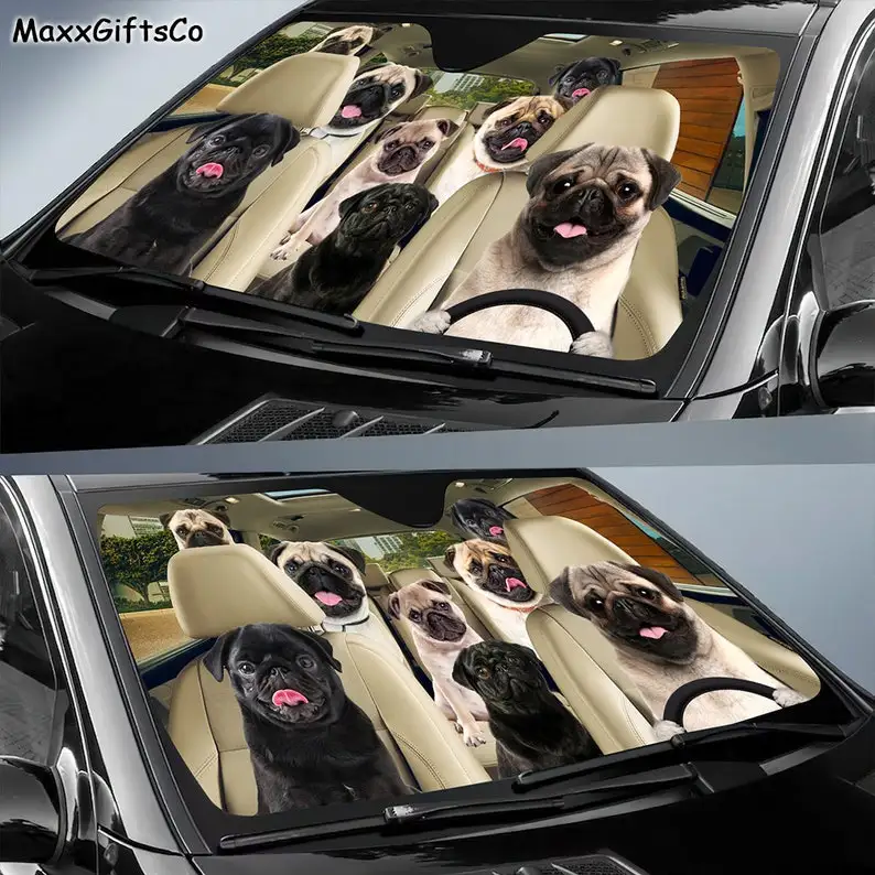 Pug Car Sun Shade Pug Windshield Dogs Family Sunshade Dogs Car Accessories Decoration Lovers Sun Shade Gift Fo