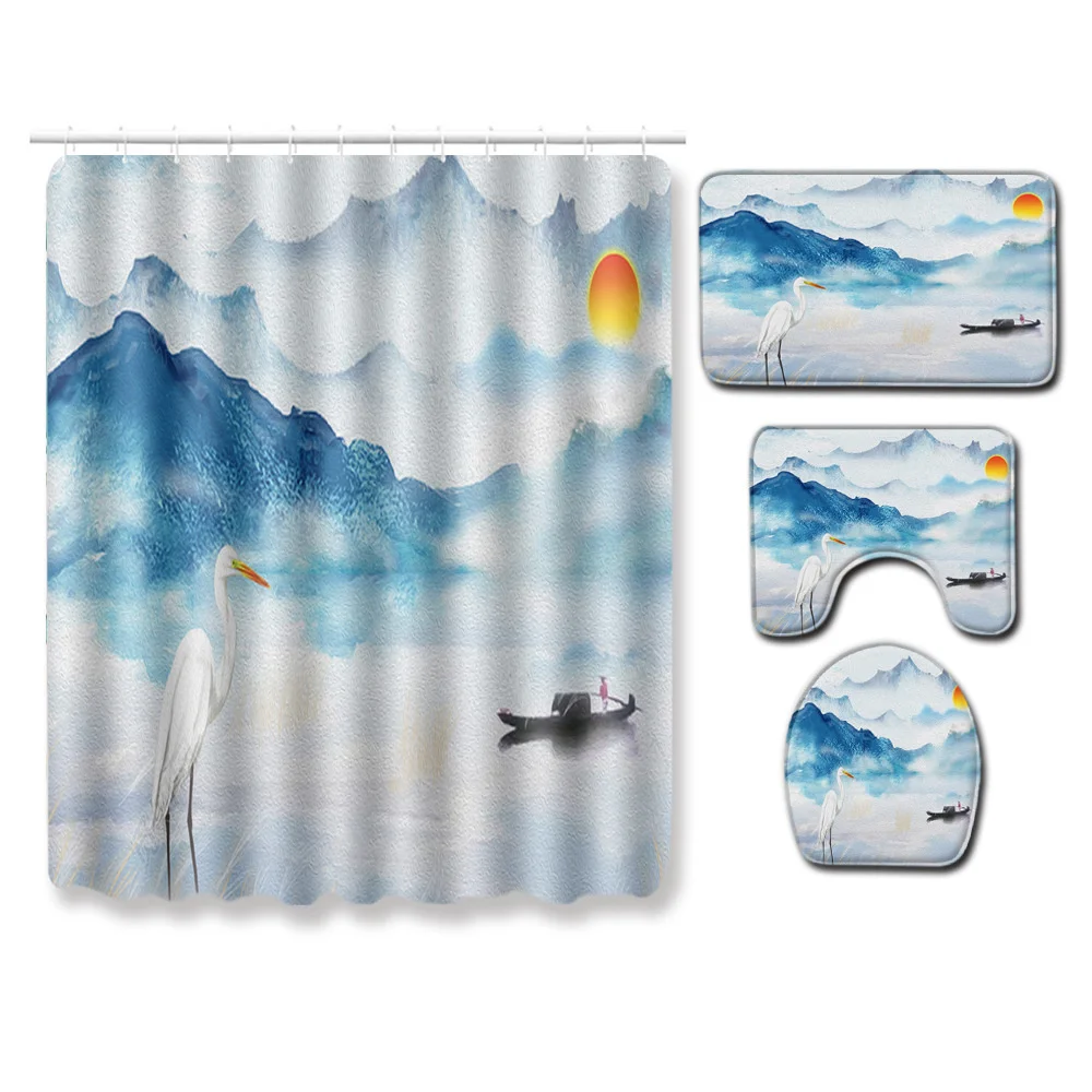 

Shower Curtain set landscape Boat landscape Bathroom Toilet lid non-slip Bath Mat Shower Curtain Home Decoration set