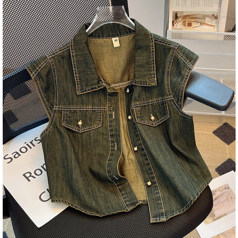Denim jacket thin female summer American retro polo neck sleeveless vest loose slim sleeveless top