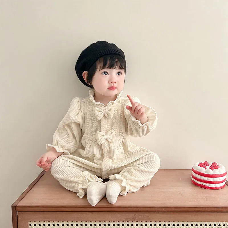 Beige Baby Romper Jumpsuit for Girls Autumn Outwear