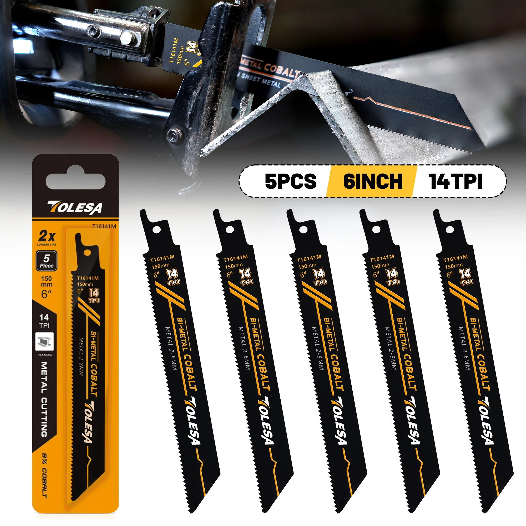 Reciprocating Saw Blades 5PCS for Metal Pipe Rebar 6in 9in 14TPI Cast-Iron Bi-Metal Sabre Saw Blades