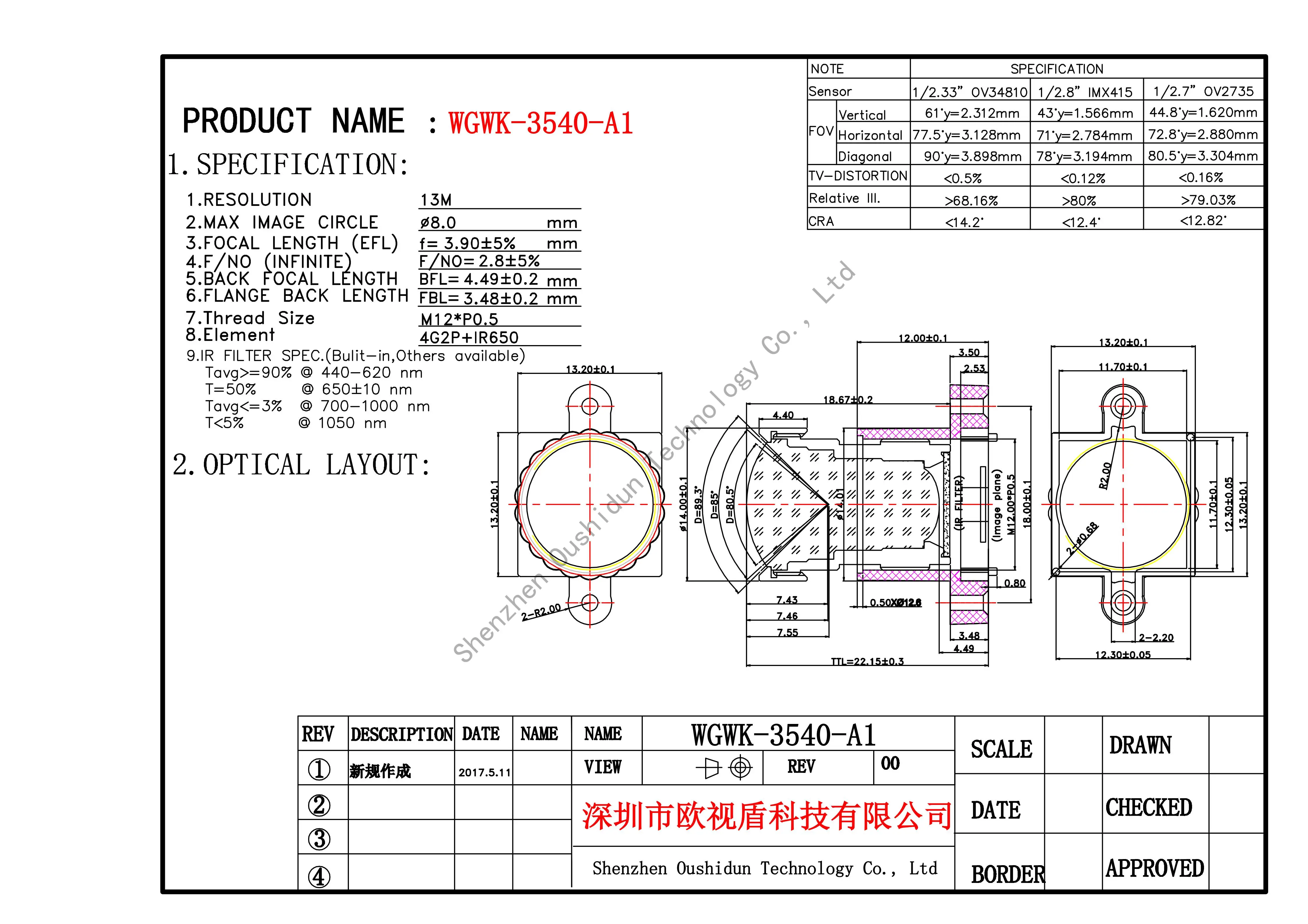 HD 13MP 4.0mm No Distortion M12 Mount Lens Aperture F2.8 Format 1/2.8" With 650n