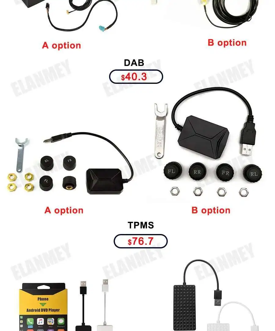 Android Accessories OBD2 DAB Receiver CARPLAY USB DVR CAMERA TPMS Optical Fiber