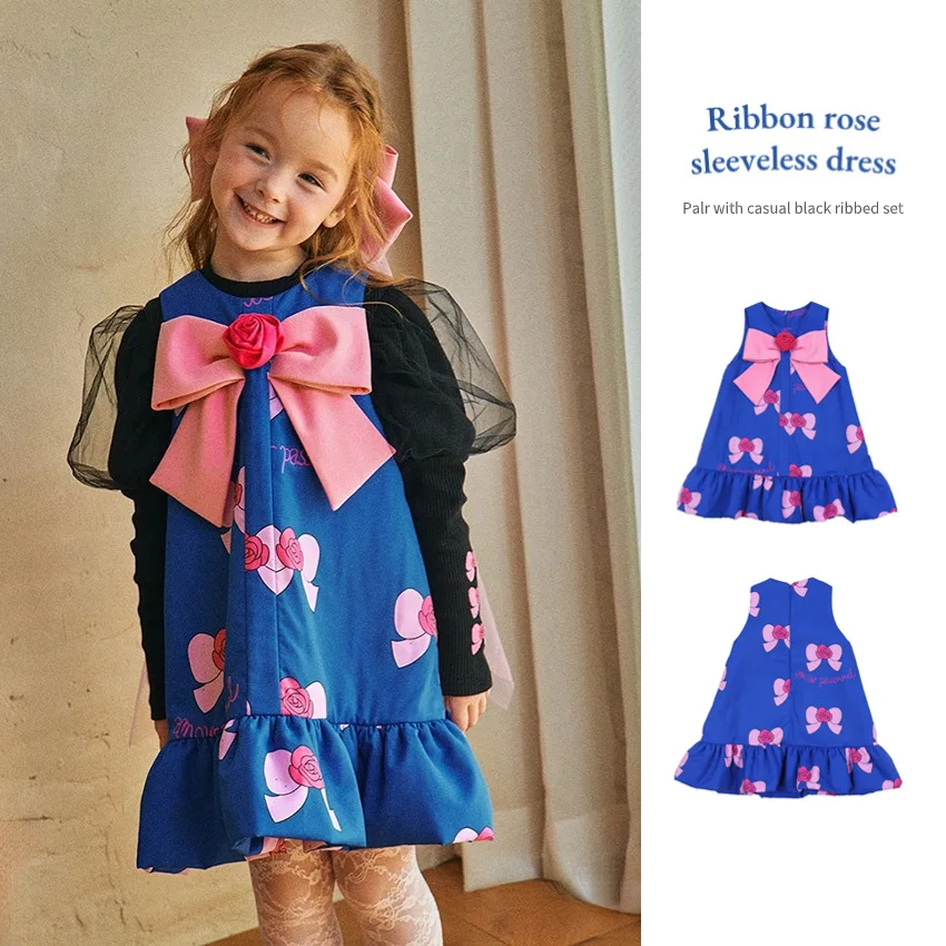 

Korean Girls Dress 2024 Spring New Big Bow Vest Princess Dresses Girl Black T Shirts Leggings