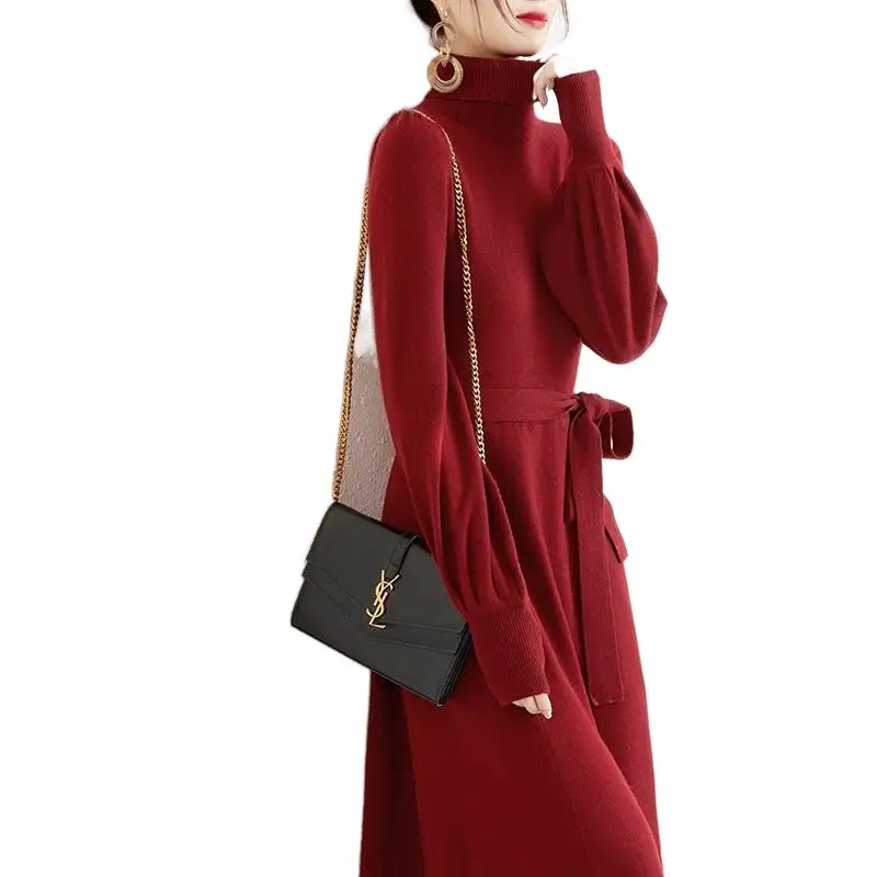 

Minimalism Solid Color Fashion Women's Knitted Dress New Autumn Winter Ladies Elegant Office High Neck Lace Sweater Skirt
