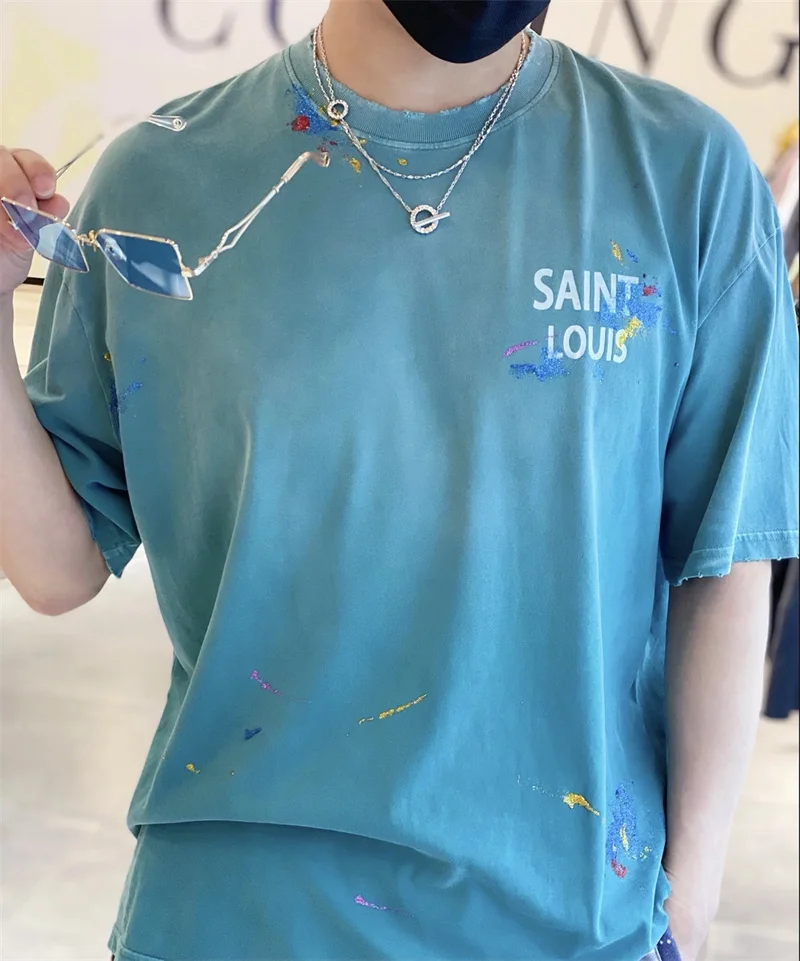 

Футболка с принтом в виде букв Saint Wash, голубая футболка из чистого хлопка с круглым вырезом и широкими короткими рукавами