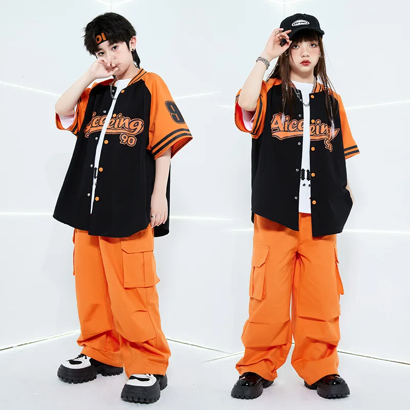 New Jazz Modern Dance Costumes for Kids Orange Loose Shirts Cargo Pants Suit Boy Girl Hip Hop Street Dancing Performance Clothes