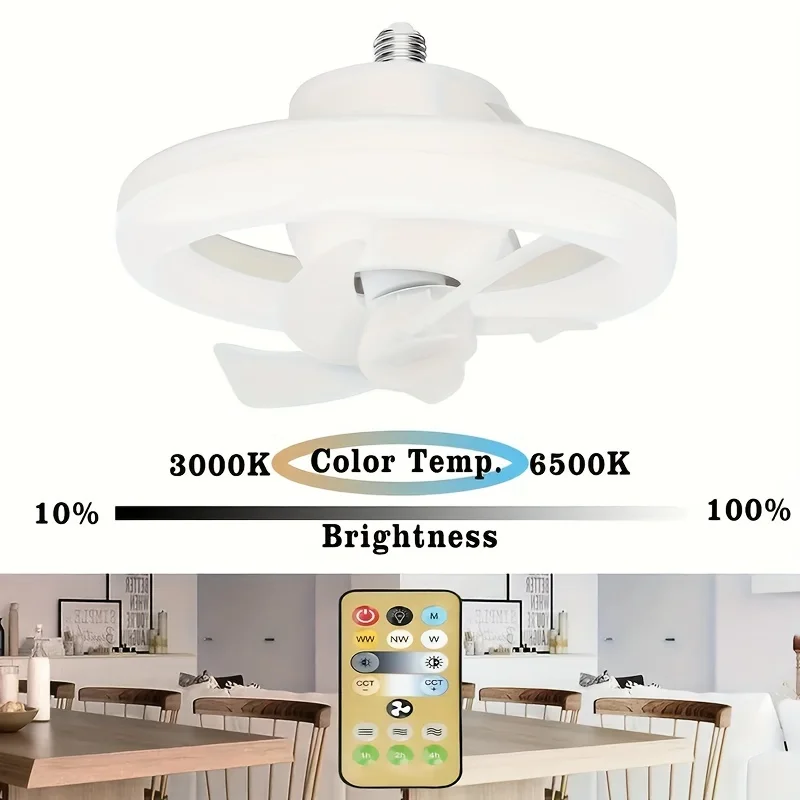 10 Inch 5 Blades Ceiling Fan Light with Remote Control, 85V-265V Dimmable 360&deg; Rotating LED Bulb for Bedroom Garage Laundry Room