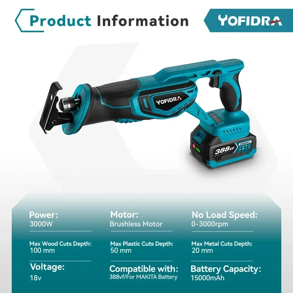 18V Brushless Reciprocating Saw Electric Saw Wood Metal PVC Pipe Materials Cutting With 4 PCS Saw Blades For Makita 18V Battery 2
