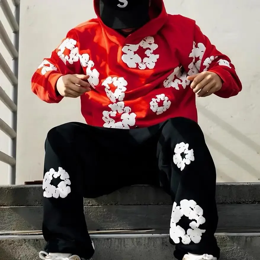 Fashion Flower New Mens Womens Same Foam Kapok Printing Long-sleeved Fleece Hooded Sweater Casual Loose Sweatpants Set 2