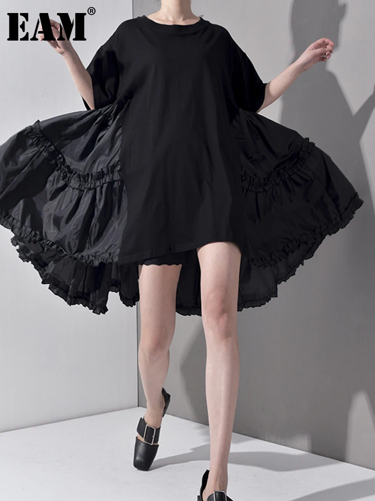 EAM2024NewSpringSummerRoundNeckHalfSleevePleatedSplitJoint