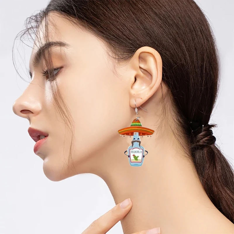 Mexican Acrylic Earring for Women Chili Racket Hat Skull Avocado Charms Drop Earrings Jewelry