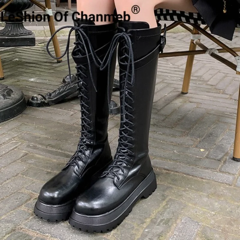 

LeShion Of Chanmeb Women Natural Leather Riding Zipper Boots Chunky Heel Buckle Lace-up Knee-High Goth Boot Platform Shoe Winter