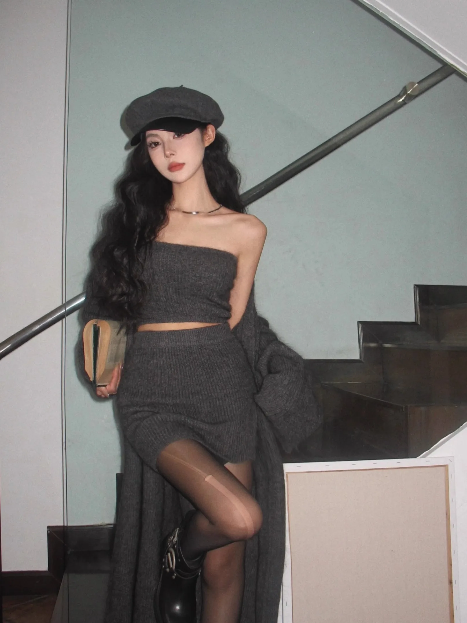 Autumn Winter New Knitted 3-piece Skirt Set Women Solid Long Cardigan Strapless Crop Top Mini Skirt Y2K Korean Chic Knitwear New