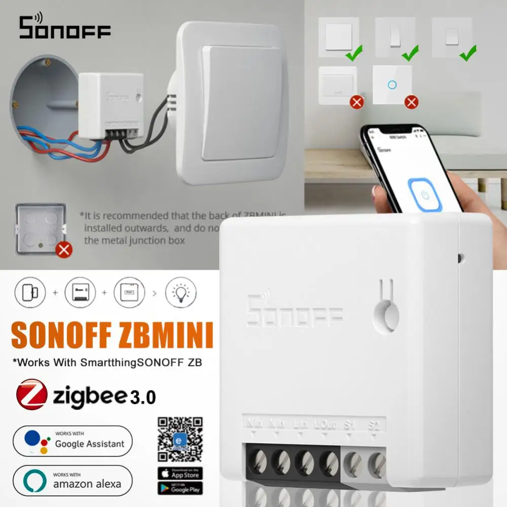 

1-10PCS SONOFF ZBMINI Zigbee Smart Light Switch Module Two Way Control Switch Smart Home Works With Smartthing Alexa Google Home