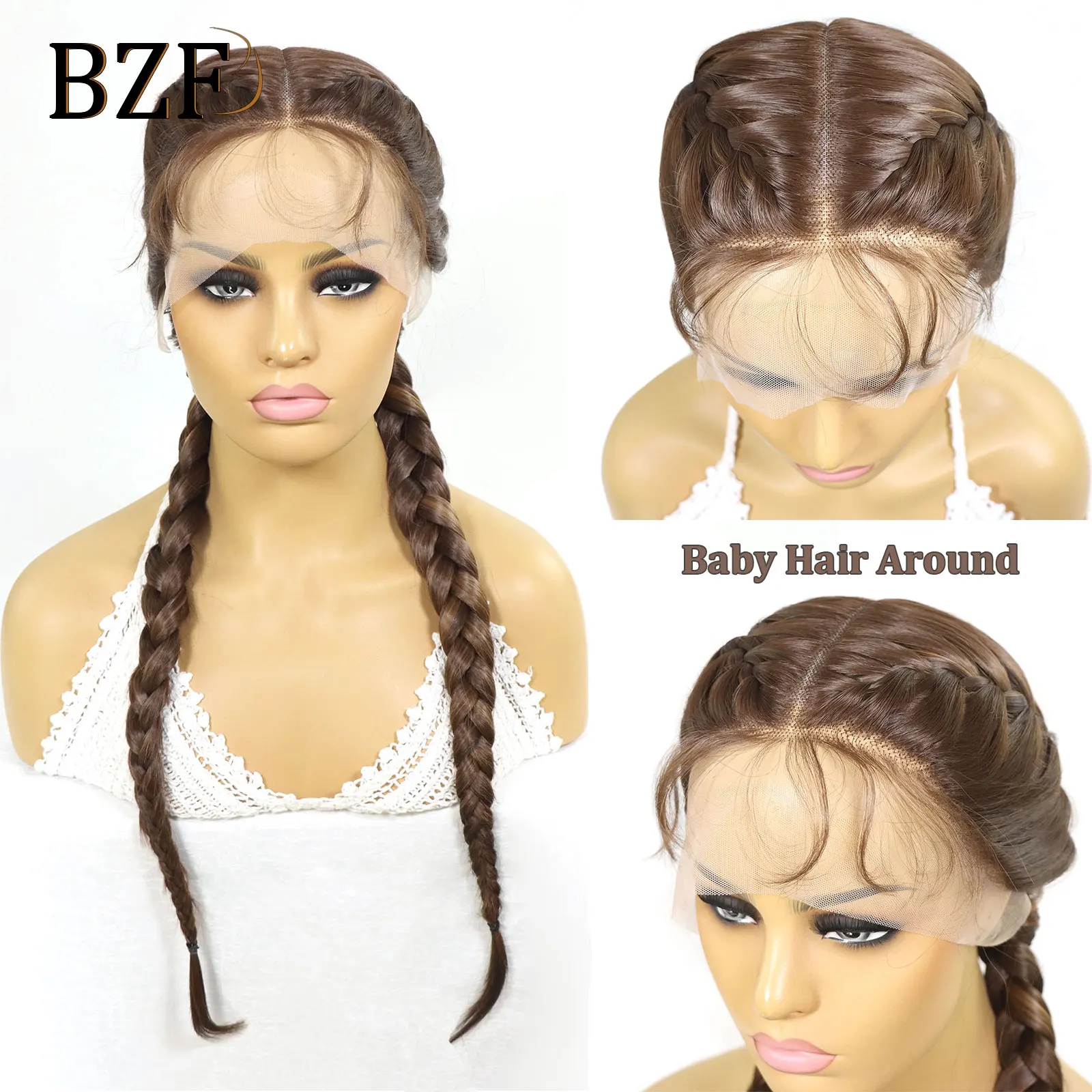 26Inch Brown Braided Wigs Middle Part Synthetic Double Dutch Box Braided Wig With Baby Hair Pink/Red Lace Front Wigs For Women