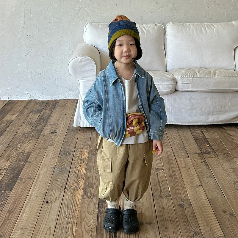 

Children Clothes Kids Coat 2023 Autumn New Korean Style New Fashion Solid Color Denim Coat Zipper Casual Simple Shirt Top