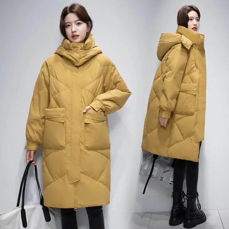New Women Down Jacket Winter Coat Mid Length Version Parkas Loose Thick Warm Hooded Outwear Over The Knee Large Size Overcoat