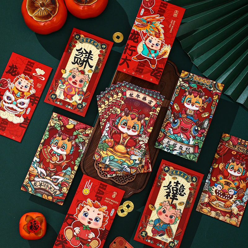 

6 Pcs Gift Bag Red Packet Lunar New Year 2024 Zodiac Cute Envelopes Chinese Party Packets Calendar Dragon Luck Money