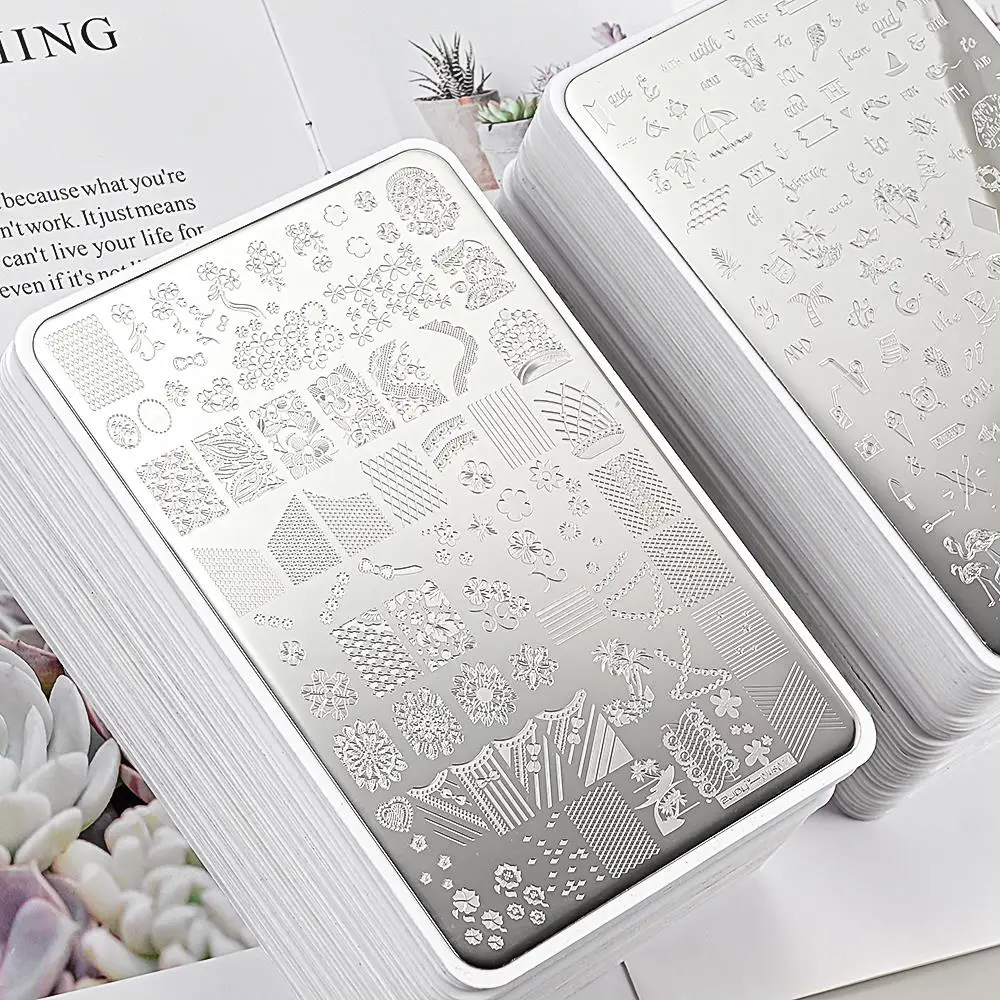 French Nail Art Stamping Plate 14.5X9.5cm Geometry Wave Line Drawing Templates Flower Lace Stamp Nail Charm Mold Stencil Tools @ 2