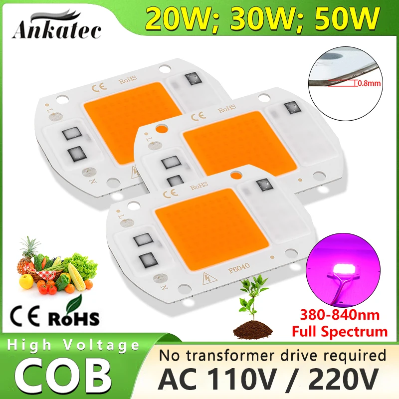 LED Grow Light 20W 30W 50W COB Integrated Chip AC 110V 220V Drive Free Full Spectrum Pink Lamp Beads for Greenhouse