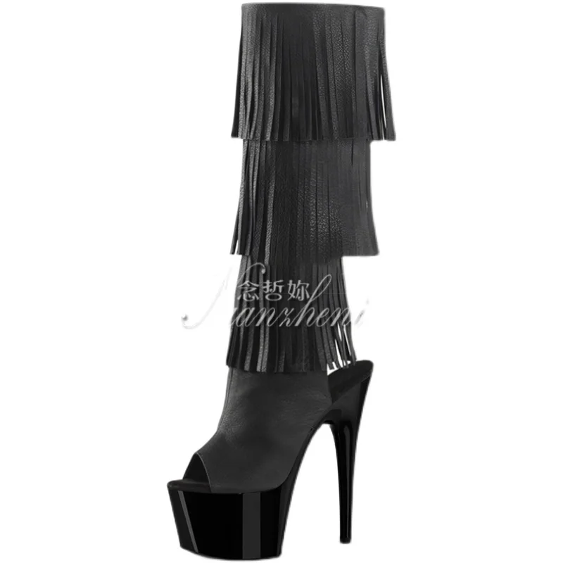 

Gothic Sexy 17cm Exotic Boots Peep Toe Platform Mid-Calf Pole Dance Shoes Nightclub Big Size Fringe 8Inch Catwalk Crossdress