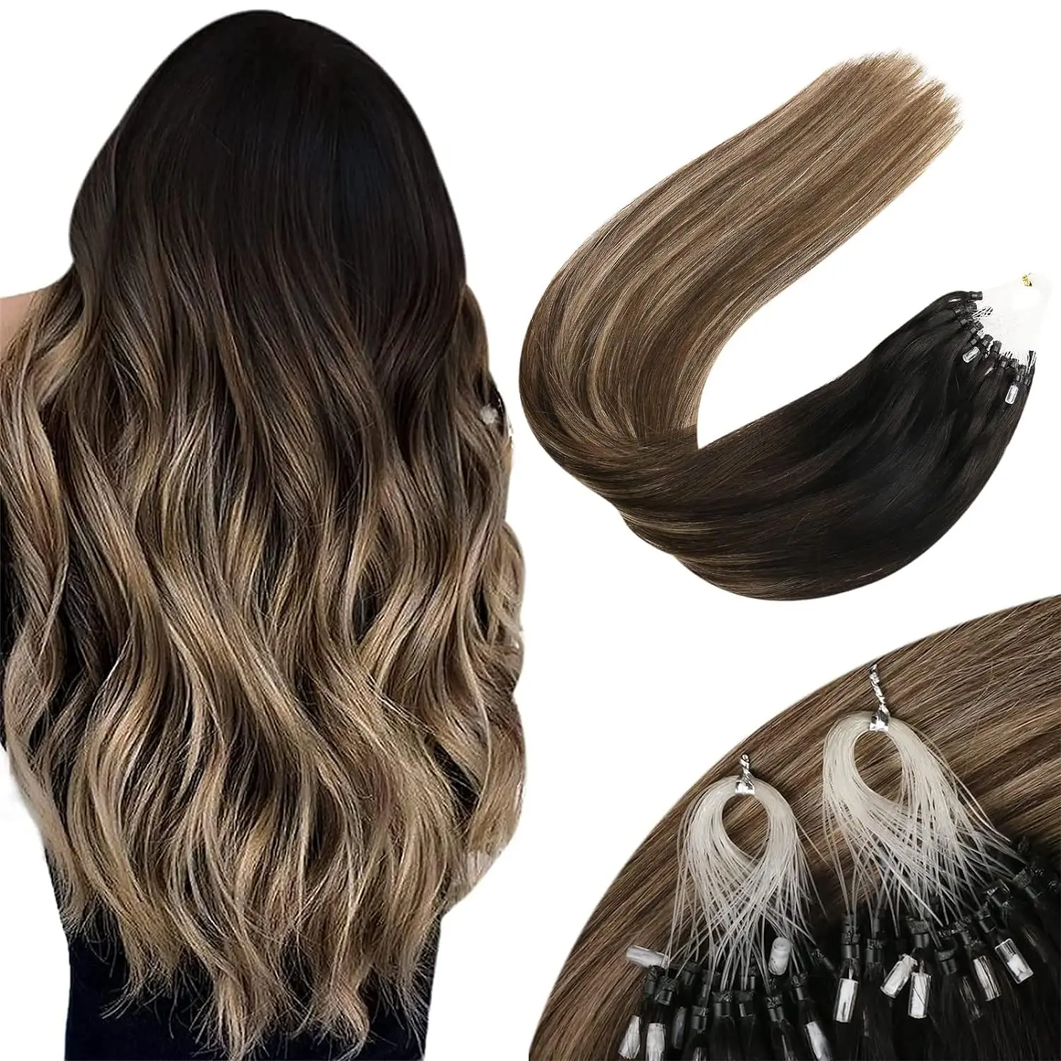 VeSunny Micro Loop Hair Extensions Human Hair Balayage Color Micro Link 0.5g/strand Ring 100pcs Straight Natural