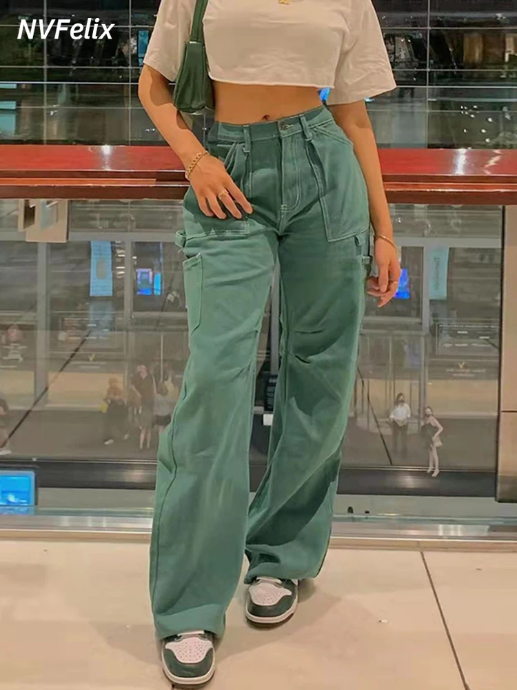 Pantalones holgados de cintura alta para Vaqueros holgados con bolsillos laterales, corte holgado, informales, rectos, de pierna ancha, a moda, Y2k - AliExpress Ropa de mujer