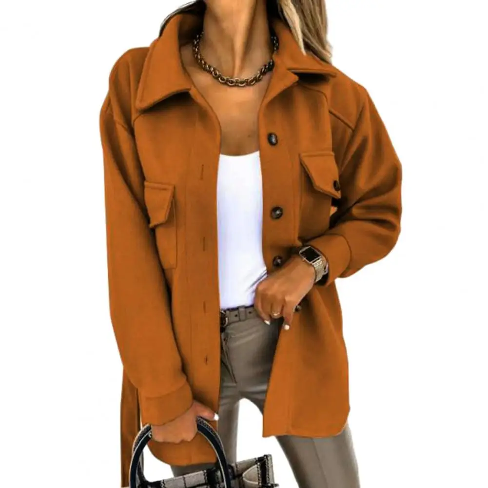 

Women Coat Autumn Belted Turn-down Collar Elegant Solid Color Pocket Button Long Sleeves Slim Fit Ladies Female Jacket Outwear