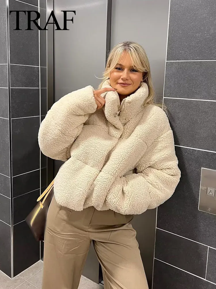

TRAF 2023 Female Fashion Thick Coat Solid Color Turtleneck Long Sleeve With Pockets Woman Button Zipper Women's Winter Jacket