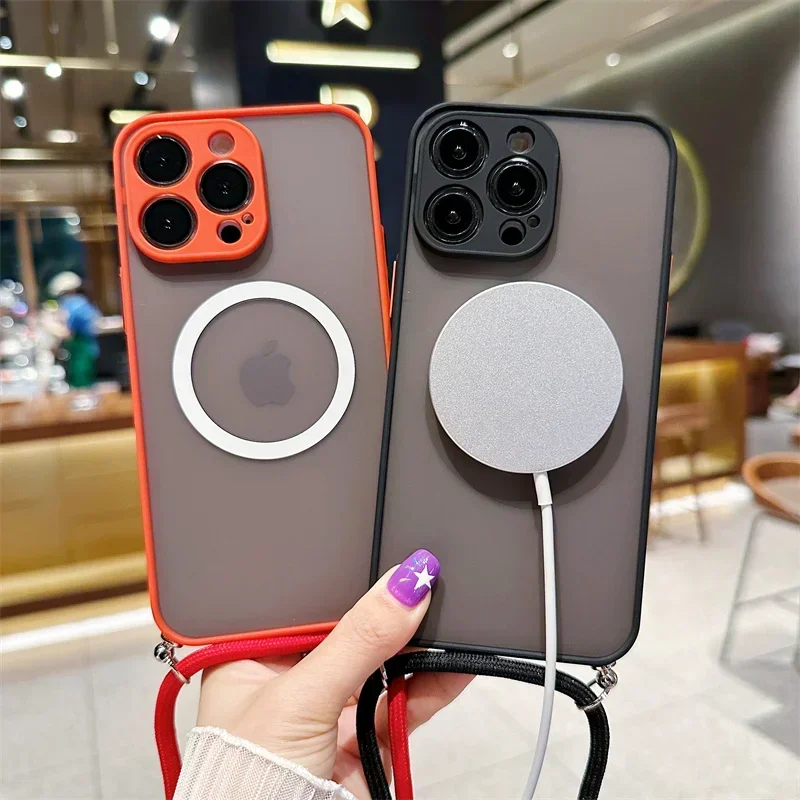 Crossbody Lanyard Matte Hard Magnetic Phone Case with Magsafe Back Cover