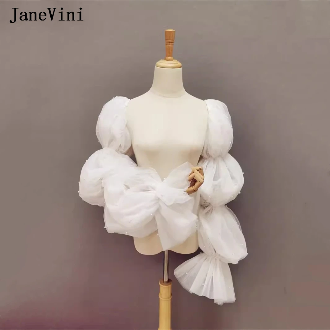 

JaneVini Ivory Puffy Detachable Wedding Sleeves Pearls Tulle Cap Sleeves Woman Bolero Cape Bridal Wraps Wedding Dress Cover Tops