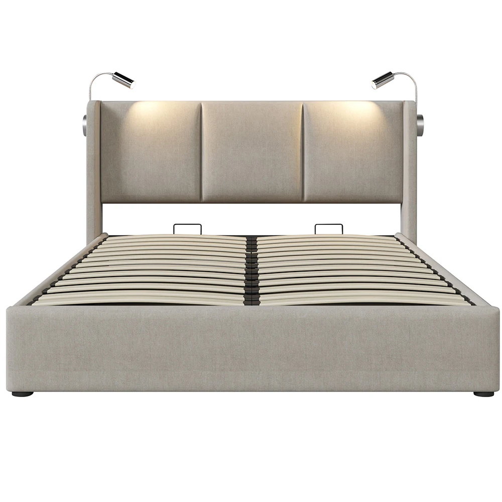 KOMHTOM Double Upholstery bed with Storage, Reading Light & USB Charging Function, Linen Material