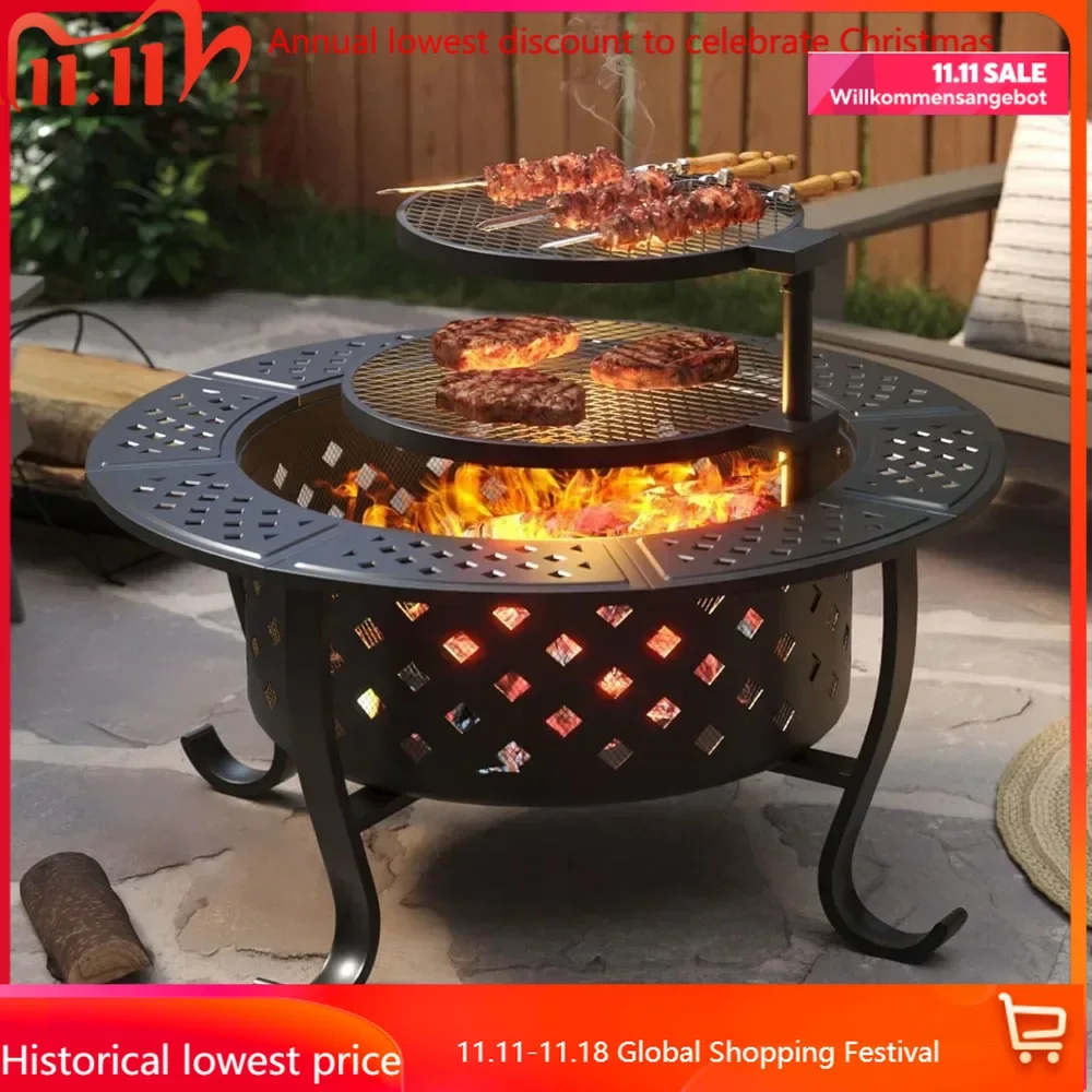 Fire Pit,36" Outdoor Wood Burning Fire Pit with 2 Grills,BBQ Large Fires Table for Camping,Heating,Picnics fires pit outdoor
