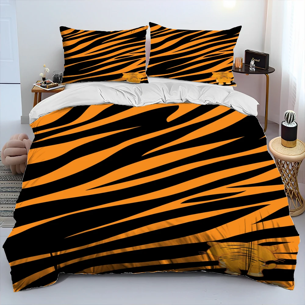 3D Tiger Print Stripe Pattern Beast Comforter Bedding Set,Duvet Cover Bed Set Quilt Cover Pillowcase,King Queen Size Bedding Set 4