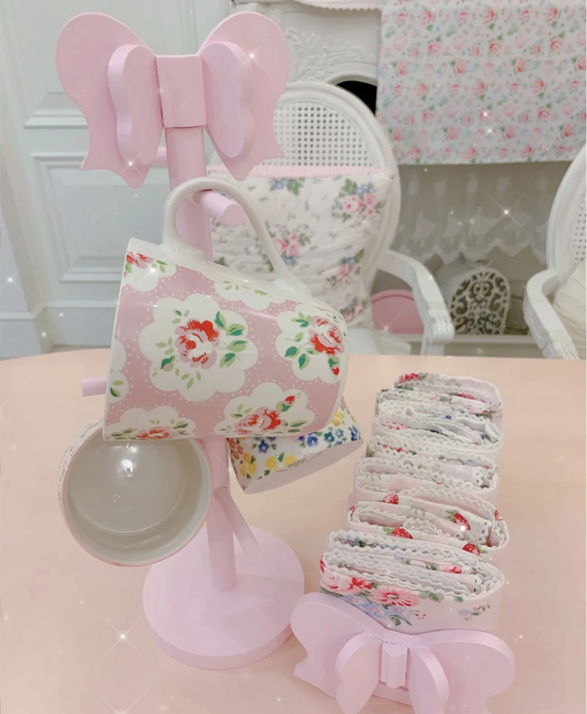 Pink bow kitchen storage rack Water cup drain rack Paper towel storage ...