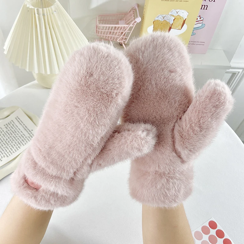 Women Winter Outdoor Keep Warm Double Layer Thickened Solid Gloves Imitation Mink Velvet Cute Lovely Soft Mittens