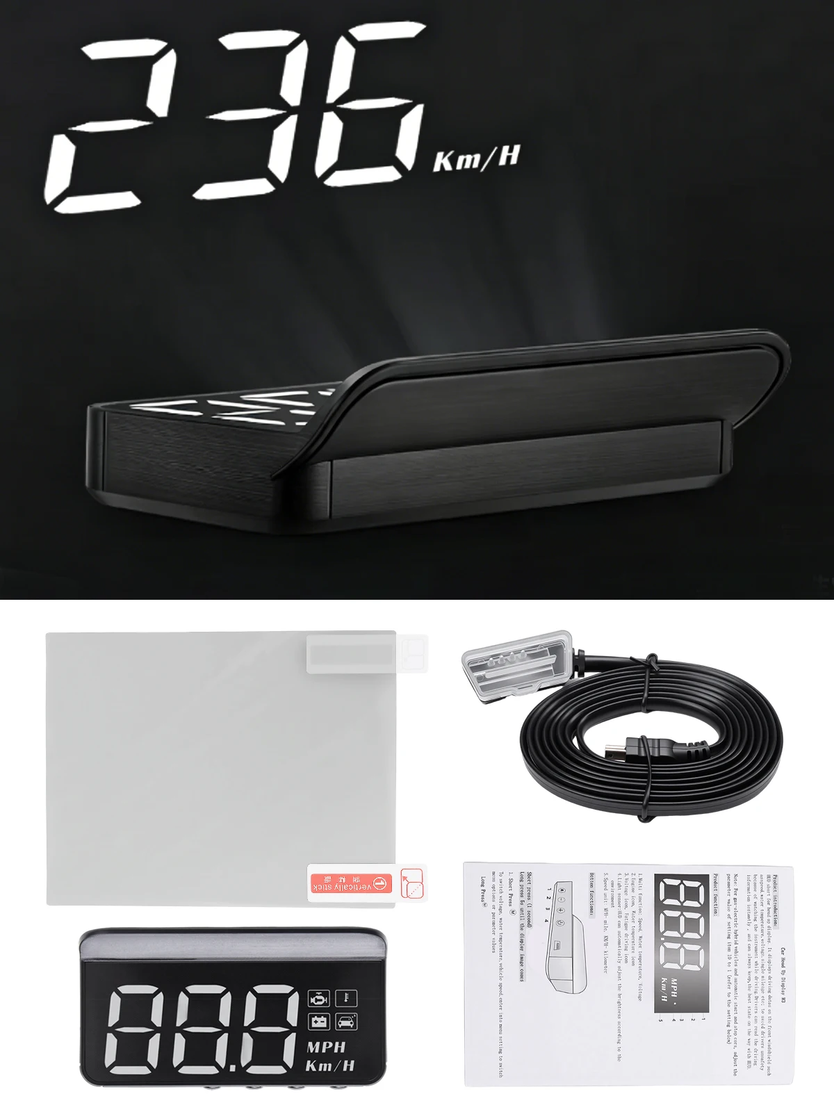 HUD M3 Obd2 디스플레이 온보드 컴퓨터 자동차 헤드업 디스플레이 앞유리 대형 폰트 프로젝션 E-OBD 및 M1 GPS 모든 차량용(2018년식 이후)