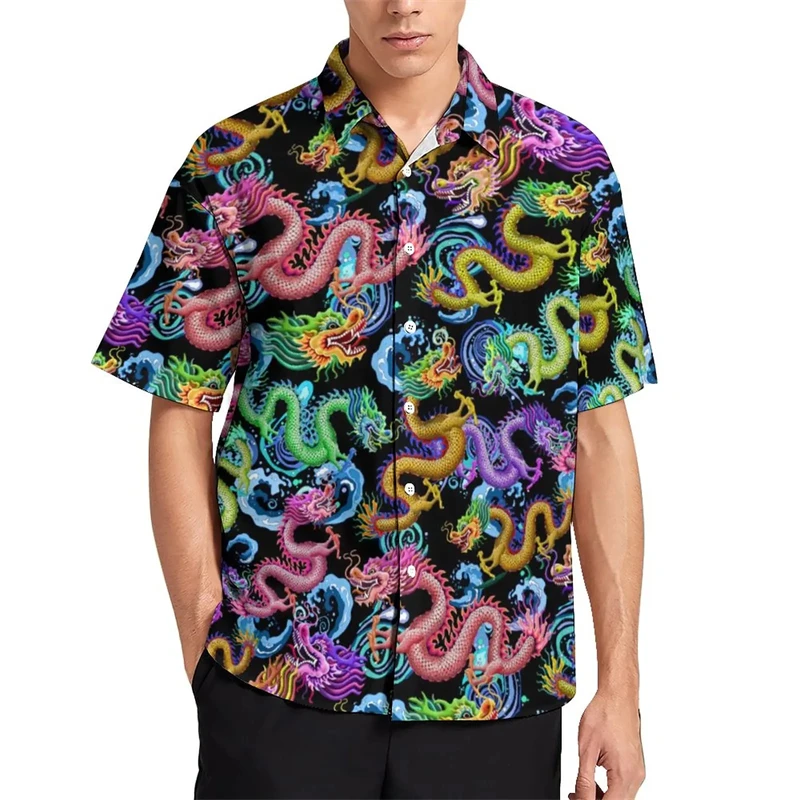 

Гавайская Мужская рубашка с рисунком дракона, летняя Элегантная Повседневная дышащая одежда большого размера для кемпинга с короткими рукавами, мужская рубашка